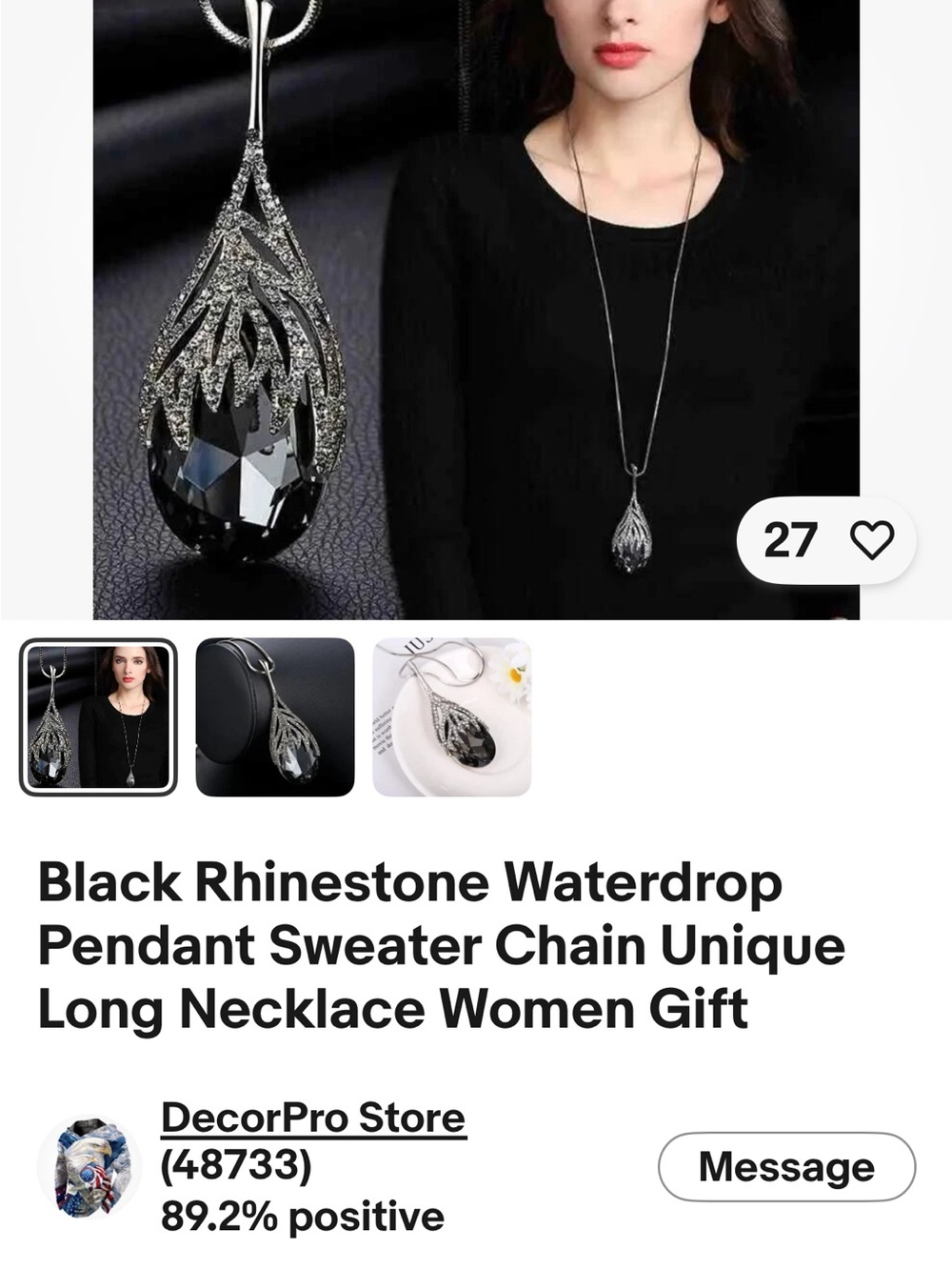 Black Rhinestone water Drop Pendant sweater Chain Unique Long Necklace women gif